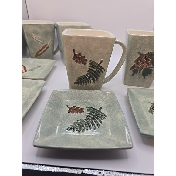 Set Of 4 MWW Market Plates 4.5” & Mugs Green Butterflies, Feather, Leaves, Acorn - Picture 4 of 8